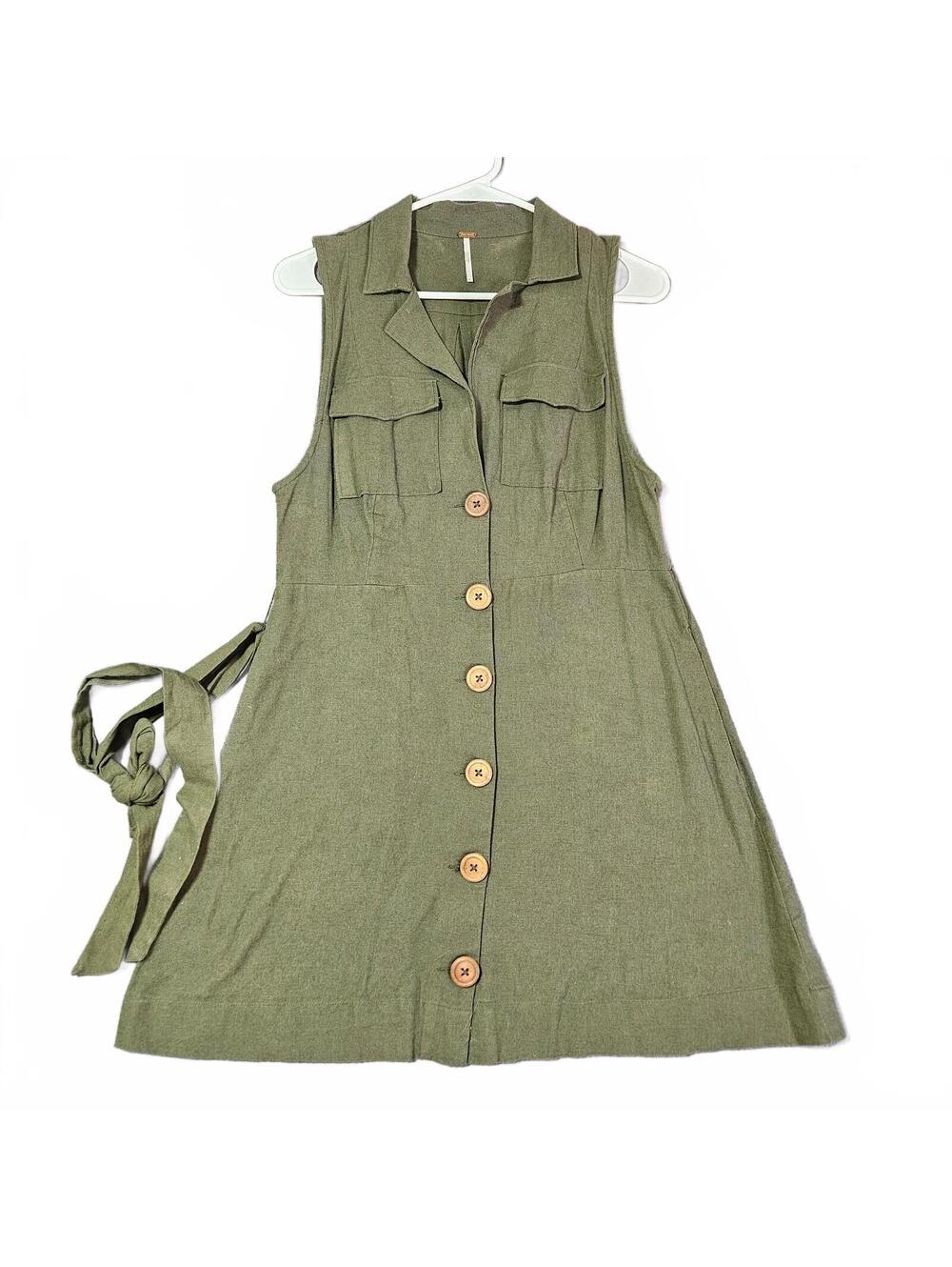 Free People Olive Green Size 4 Sleeveless Button Front Dress with Belt Casual